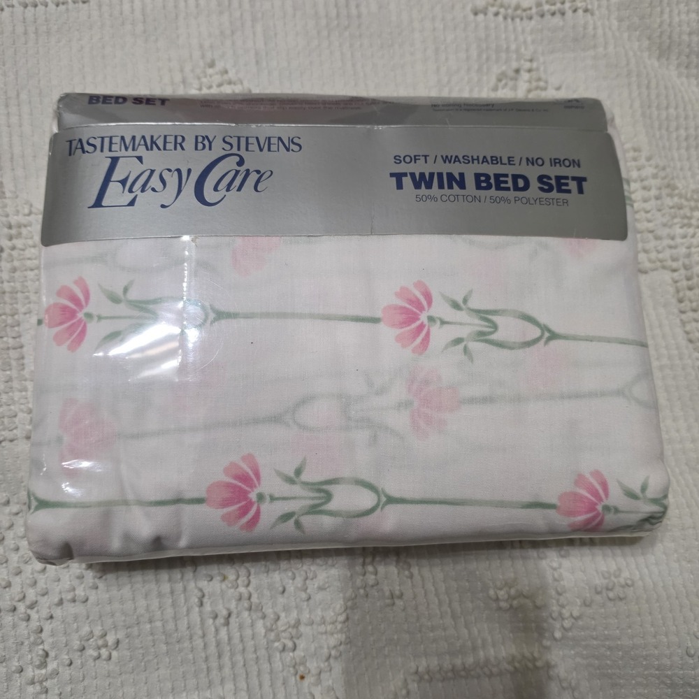 Vtg Tastemaker by Stevens Easy‎ Care Decorum Floral Pink Twin Bed Set NOS 1986